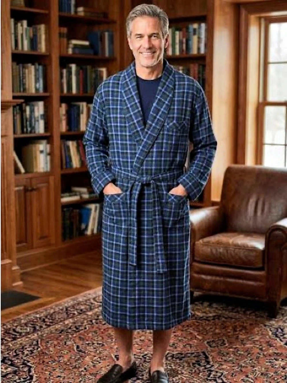 Roundtree & Yorke Men's Plaid Robe NWT in Blue & Green . 100% Cotton .One Size
